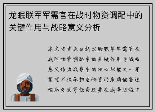 龙眠联军军需官在战时物资调配中的关键作用与战略意义分析